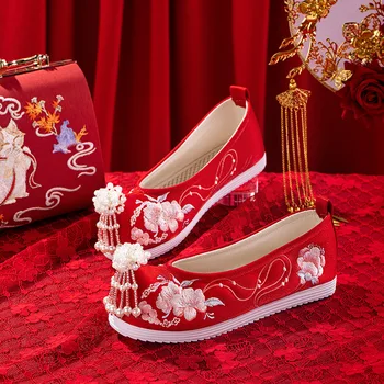 Moterų Kinų Stiliaus Vestuvių Siuvinėti Bateliai Nuotaka Pasakų Elegantiškas Pearl Kutas Retro Trumpi Batai Senojo Pekino Raudonas Audinys Batai